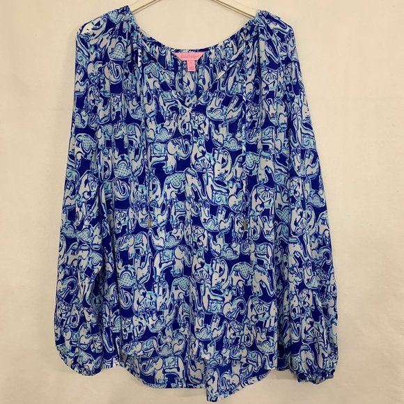 Lilly Pulitzer Willa Getting Trunky Elephant Top Large Bomber Blue - Picture 1 of 8